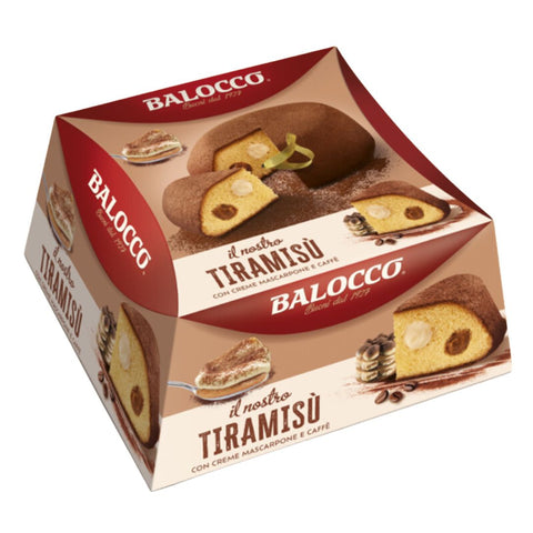 Packaging of Balocco il Nostro Tiramisó cake, showing the product's name and an image of the cake on the front, with red and white color scheme.