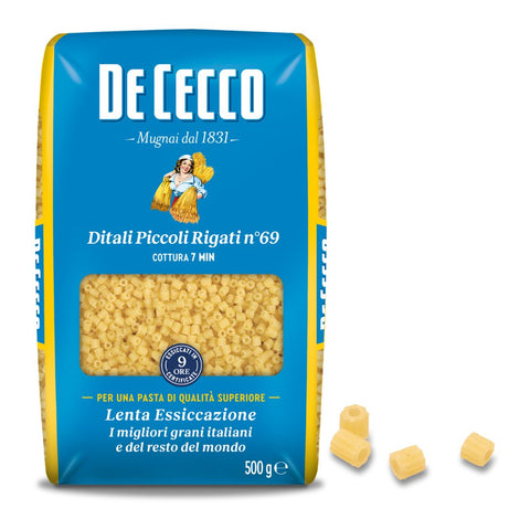 Packaging of De Cecco Ditali Piccoli Rigati pasta showing the product and brand logo, with a small quantity of dry pasta displayed in front.