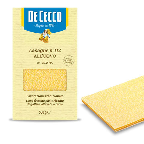 Packaging of De Cecco Lasagne all'Uovo (Egg) N° 112 500g with an image of the flat egg pasta.