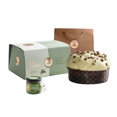 Fiasconaro Oro Verde Panettone con Crema di Pistacchio Cioccolato Bianco e Pistacchio (White chocolate and pistachio cream jar) 1Kg
