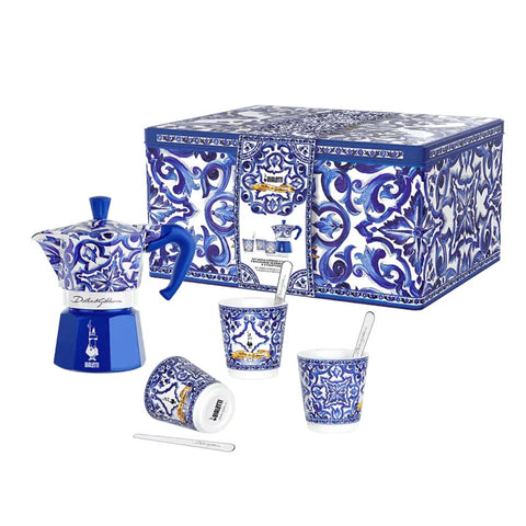 Bialetti Dolce&Gabbana Box Moka Express Blu Mediterraneo 3 cups, 3 porcelain caps and 3 silver stirrers