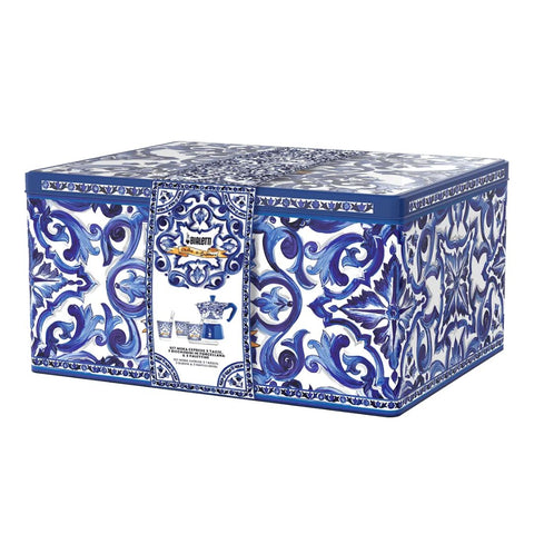 Bialetti Dolce&Gabbana Box Moka Express Blu Mediterraneo 3 cups, 3 porcelain caps and 3 silver stirrers