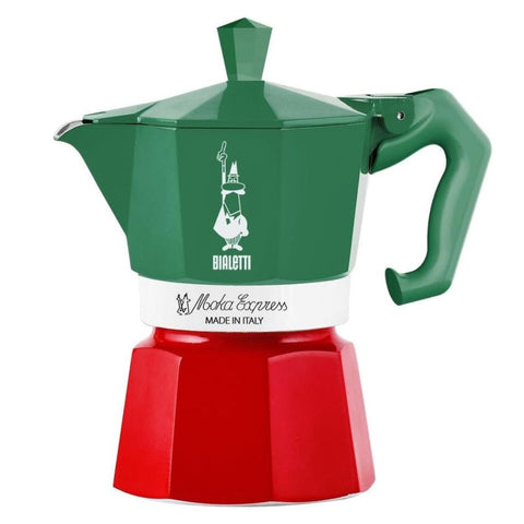 Green, white and red Moka Express coffee maker with Bialetti logo on a white background