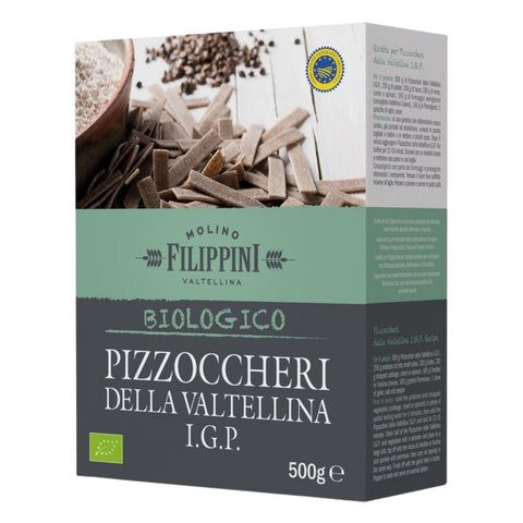 Box of Filippini Pizzoccheri pasta with branding and product details.