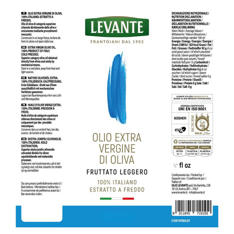 Levante Olio Extra Vergine di Oliva Fruttato Leggero (Extra Virgin Olive) 500Ml
