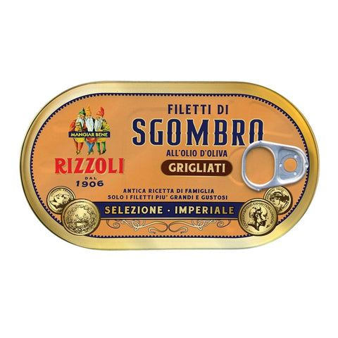 Rizzoli Filetti di Sgombro Grigliati in Olio di Oliva Selezione Imperiale (Grilled mackerel fillets in olive oil Imperial Selection) 160g