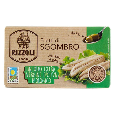 Rizzoli Filetti di Sgombro in Olio Extavergine d'Oliva Biologico (Mackerel fillets in organic extravirgin olive oil) 90g